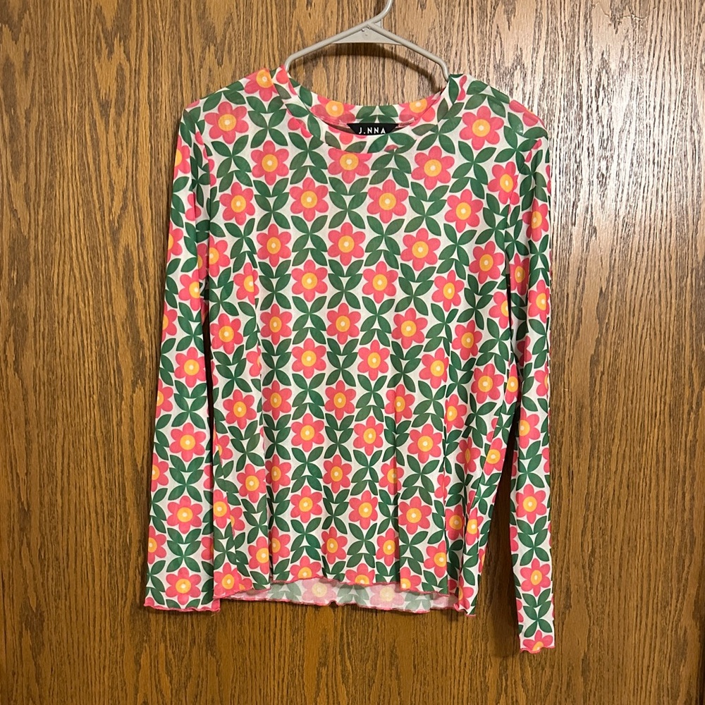 Floral Long Sleeve Mesh Top - Pink and Green